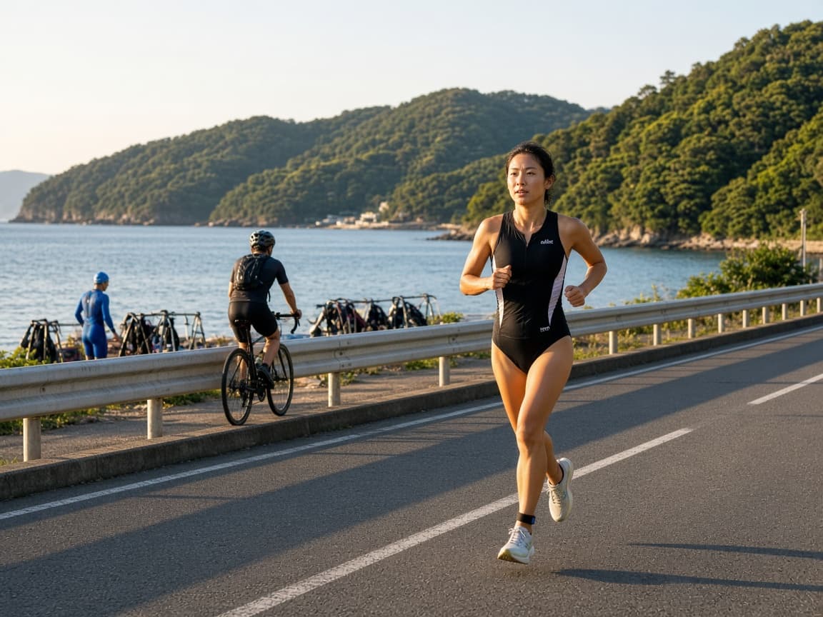 和歌山の海岸沿いを走るトライアスロン選手