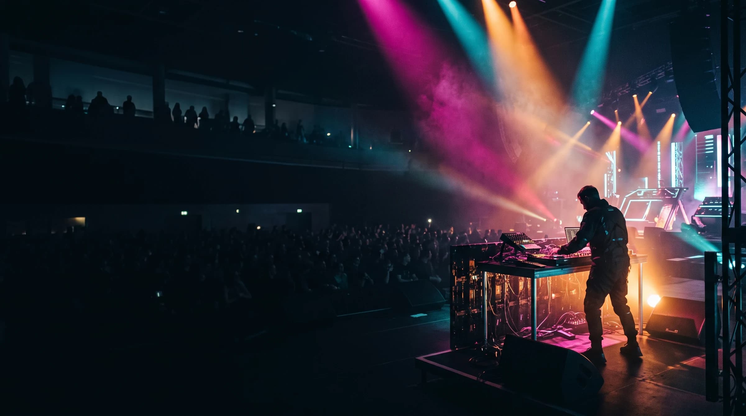 カラフルな照明のライブ会場で演奏するDJ